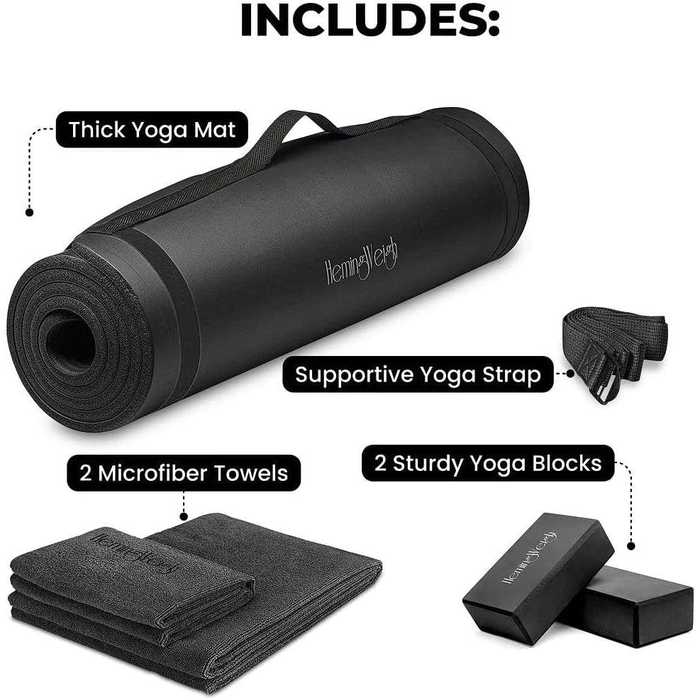 "Ultimate Yoga Starter Set: Thick Mat, Blocks, Strap, Cooling Towels Included"