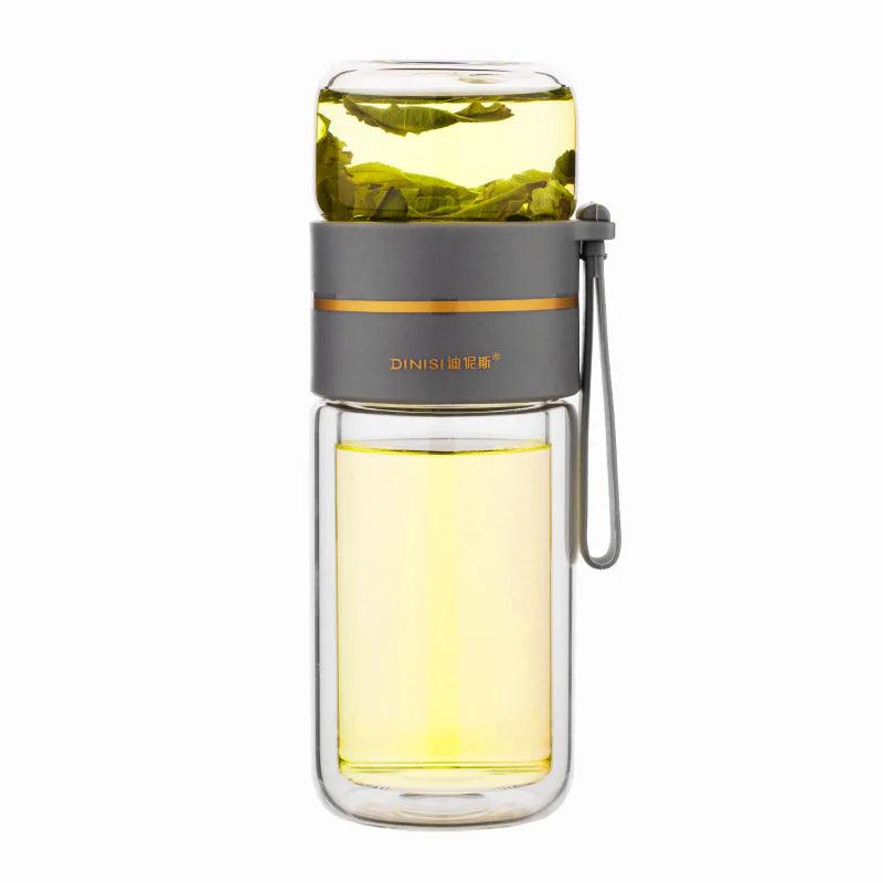 "Double Wall Glass Water Bottle with Tea Infuser and Leakproof Design"