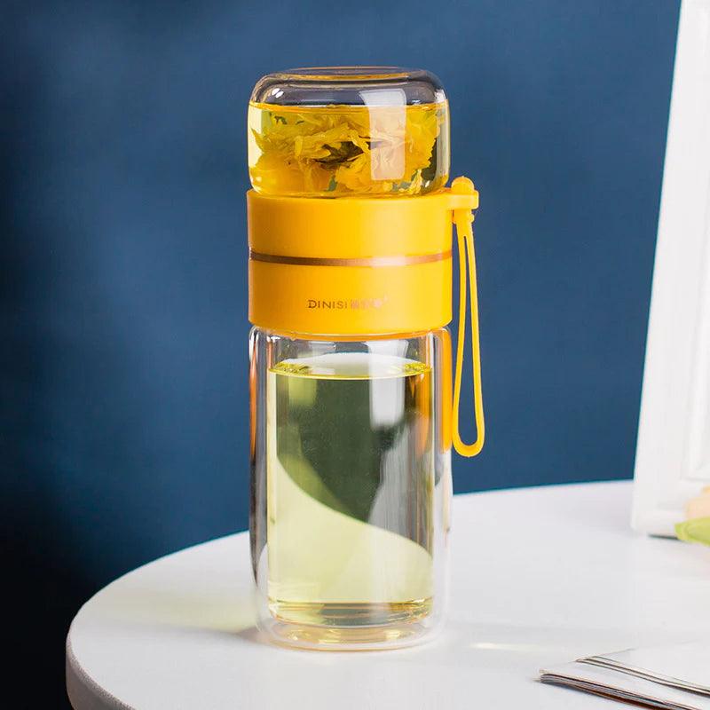 "Double Wall Glass Water Bottle with Tea Infuser and Leakproof Design"