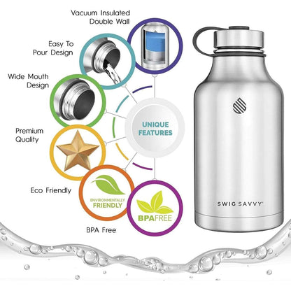 64oz Silver Stainless Steel Vacuum Insulated Sports Water Bottle