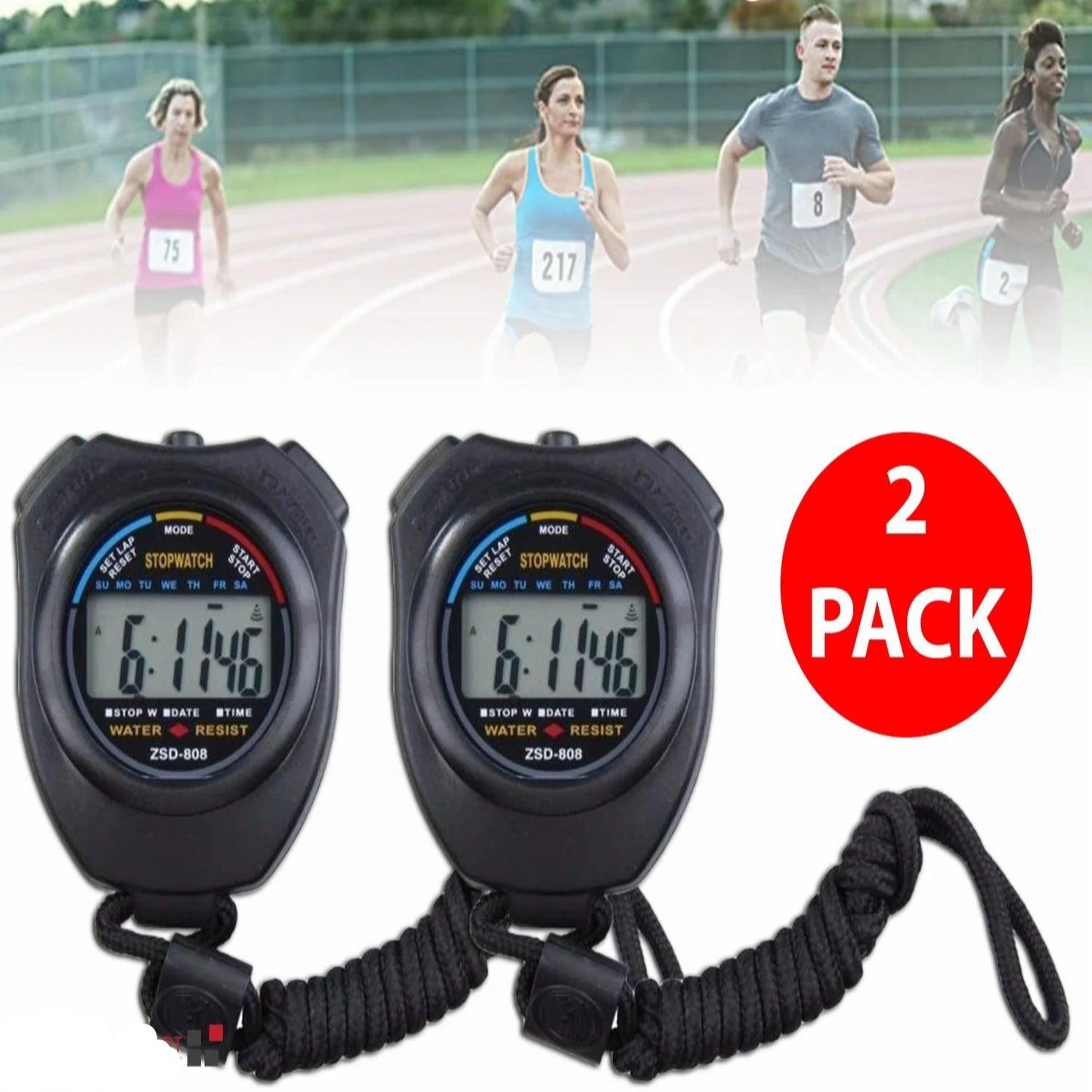 "Digital Sports Stopwatch Set with Date Timer and Odometer"