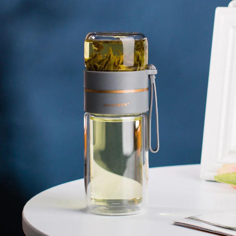 "Double Wall Glass Water Bottle with Tea Infuser and Leakproof Design"