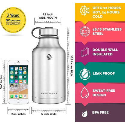 64oz Silver Stainless Steel Vacuum Insulated Sports Water Bottle