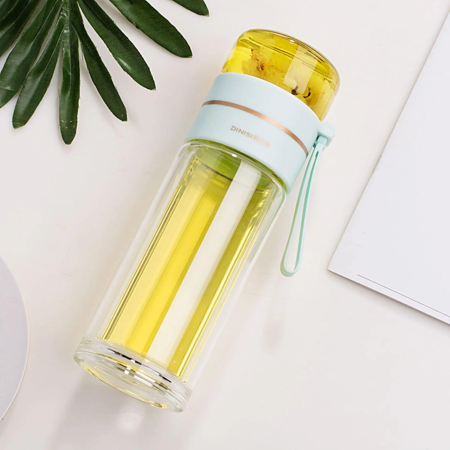 "Double Wall Glass Water Bottle with Tea Infuser and Leakproof Design"