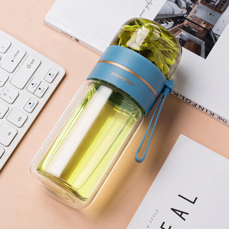 "Double Wall Glass Water Bottle with Tea Infuser and Leakproof Design"