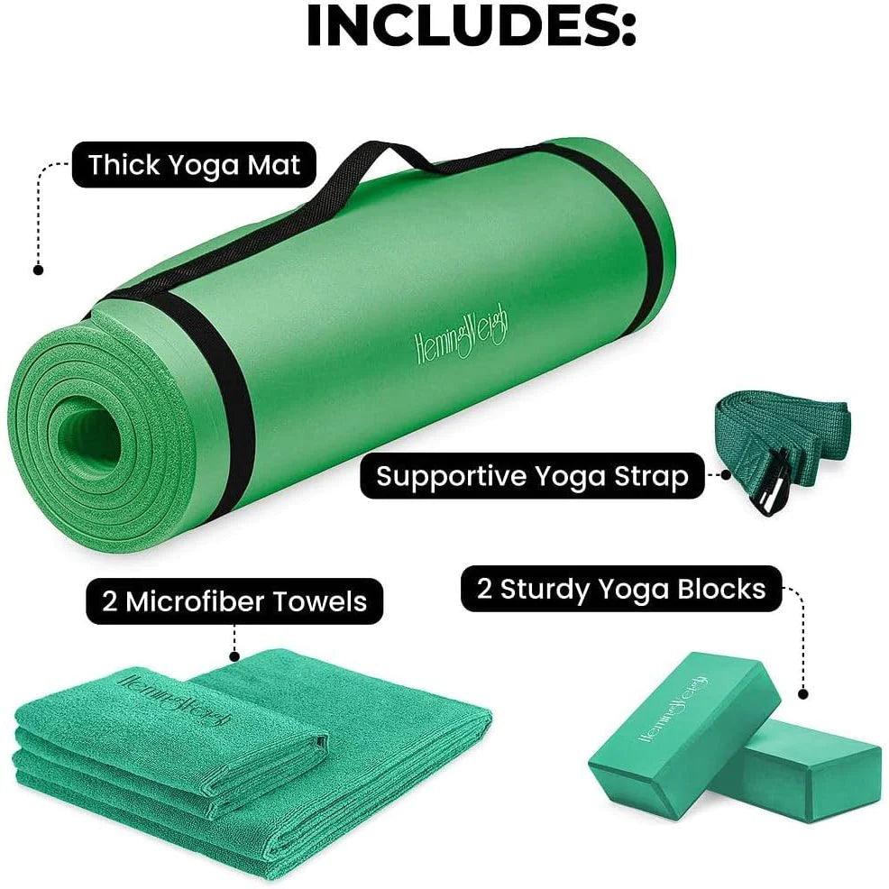 "Ultimate Yoga Starter Set: Thick Mat, Blocks, Strap, Cooling Towels Included"