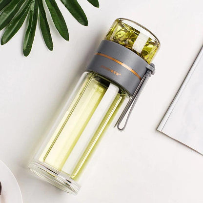 "Double Wall Glass Water Bottle with Tea Infuser and Leakproof Design"