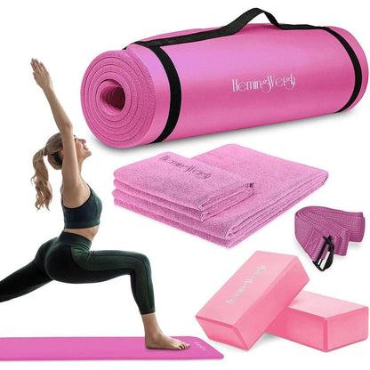 "Ultimate Yoga Starter Set: Thick Mat, Blocks, Strap, Cooling Towels Included"