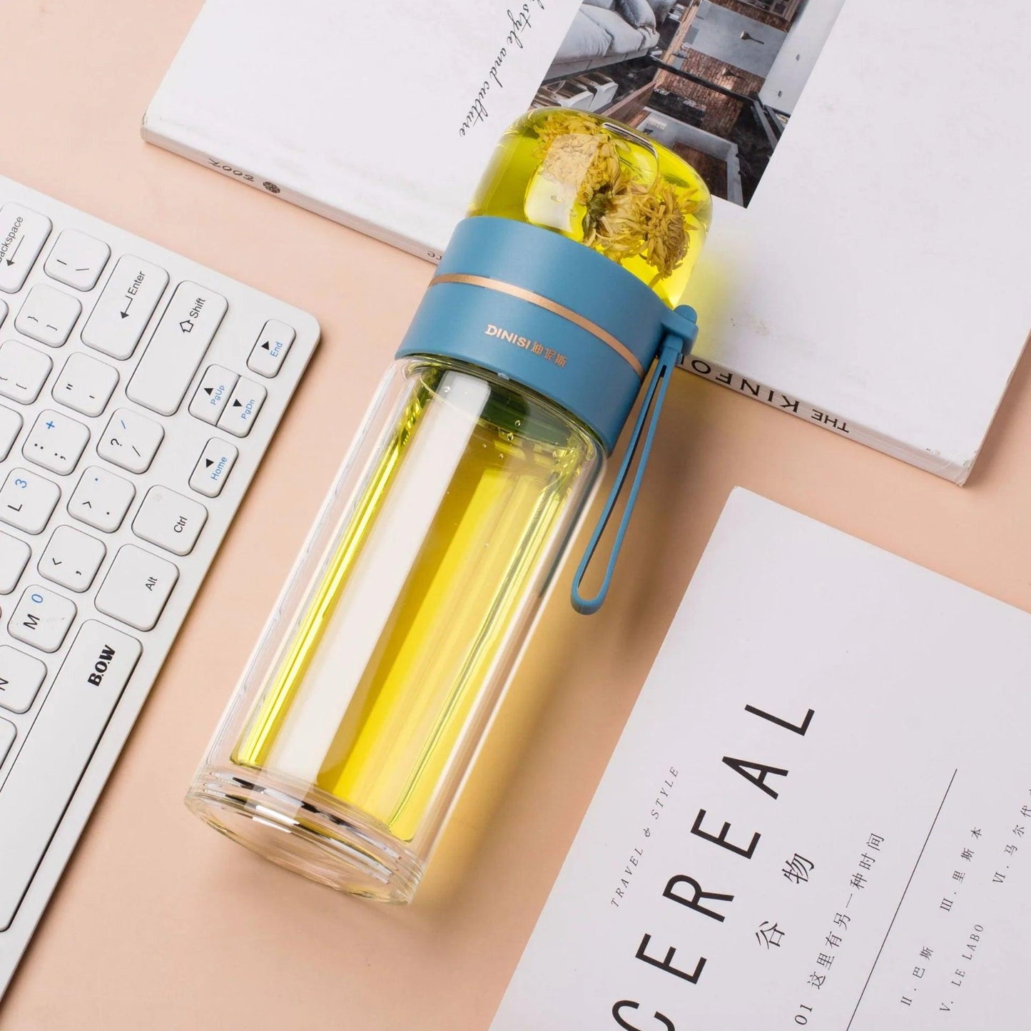 "Double Wall Glass Water Bottle with Tea Infuser and Leakproof Design"