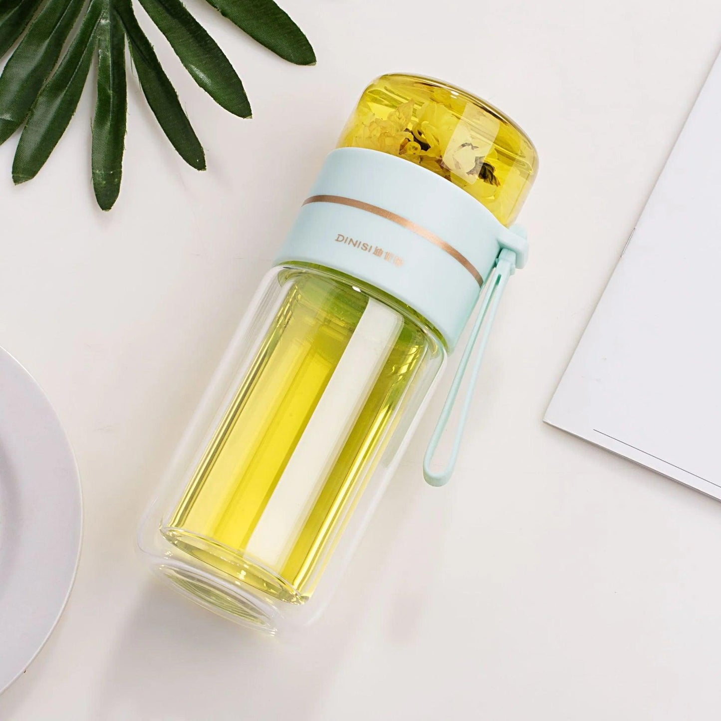 "Double Wall Glass Water Bottle with Tea Infuser and Leakproof Design"