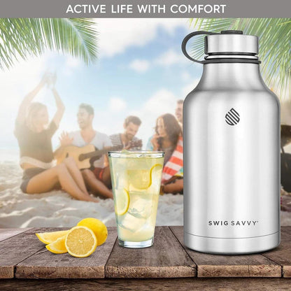 64oz Silver Stainless Steel Vacuum Insulated Sports Water Bottle